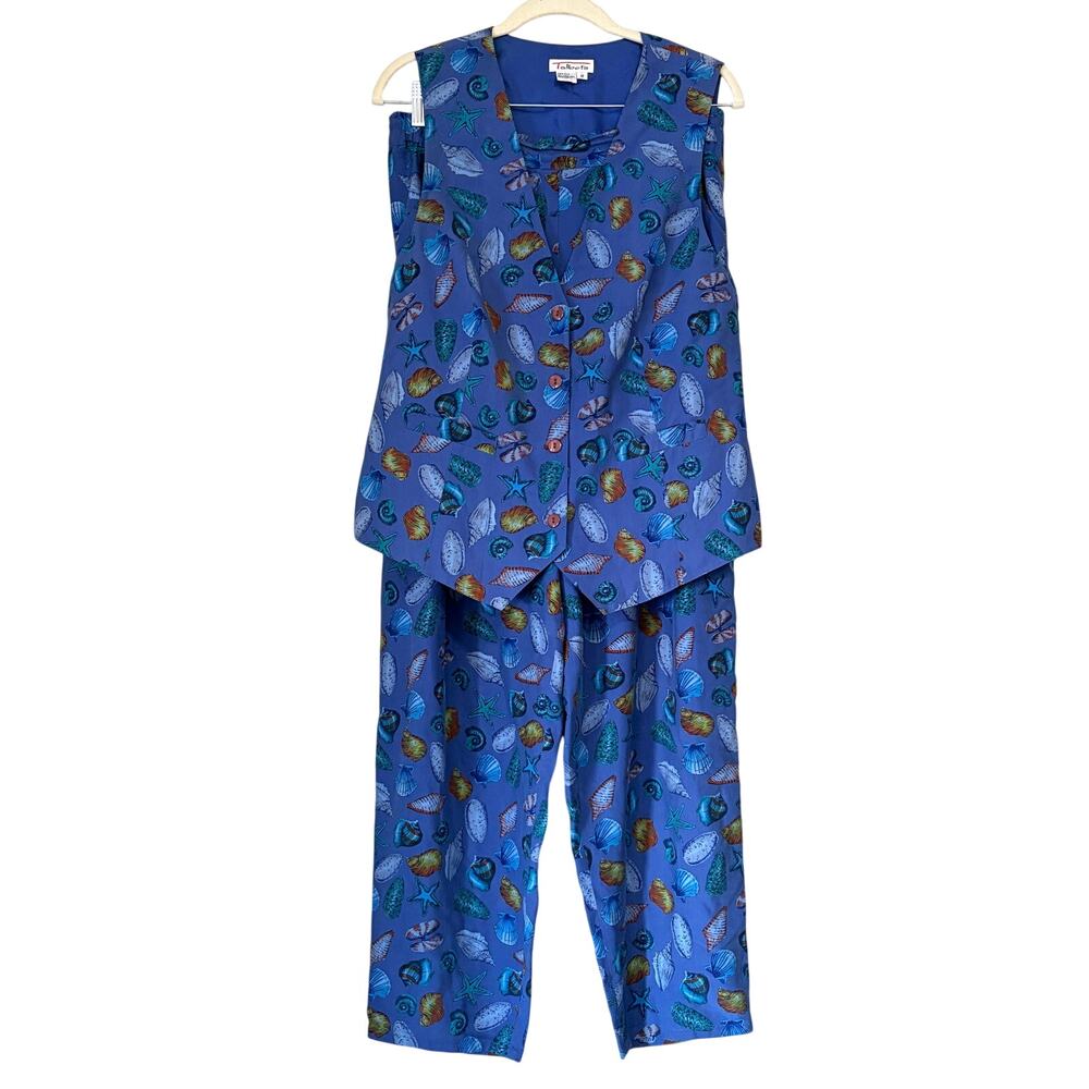 Talbots Vintage Silk Sea Shell Print Vest Pants Set Blue Sz 12